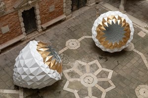 Sahand Hesamiyan, 'Forough' (2016). Stainless steel, gold leaf, electrostatic coating. Each of two parts: 290 x 248 x 248 cm (114¼ x 97¾ x 97¾ in). Exhibition view: 'THE SPARK IS YOU: Parasol Unit in Venice', Conservatorio di Musica Benedetto Marcello di Venezia (9 May–23 November 2019). Collateral Event of the 58th International Art Exhibition – la Biennale di Venezia 'May You Live in Interesting Times' (11 May–24 November 2019). Courtesy the artist and Parasol unit. Photo: Francesco Allegretto. 